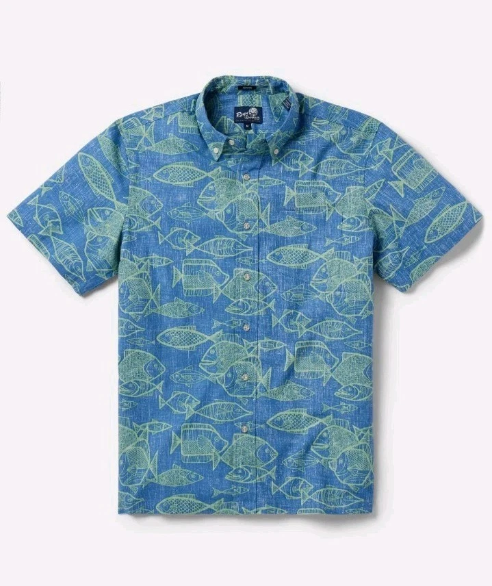 New $128 Reyn Spooner Shirt Mens SMALL Kauhulu Blue Horizon Fish Pattern ALOHA