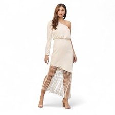 Lulus Asymmetrical Fringe Dress Size Small Cream One Shoulder NWT