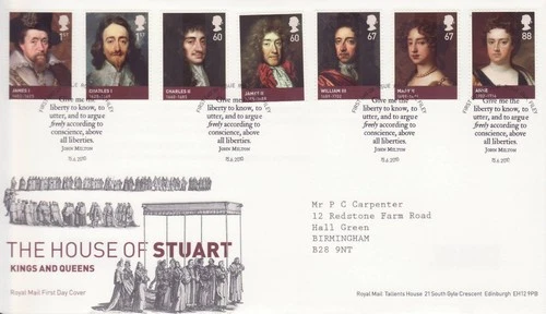GB Stamps First Day Cover Kings & Queens House of Stuart, royalty SHS 2010