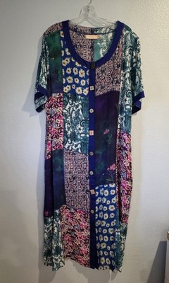 Womens La Cera Patchwork Boho Style Button Down Style Dress Multicolor XL