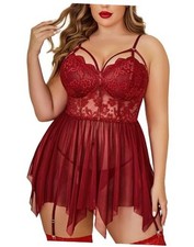 Plus Size Lingerie Mesh Lace Lingerie Top Babydoll Lingerie 5X-Large Wine Red