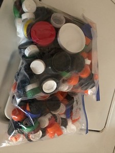 Plastic bottle caps for crafts, various sizes and colors, two large bags full