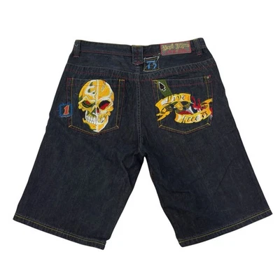 Pepe Jeans Vtg Y2K Sz 38x14 Denim Embroidered Skull Baggy Skater Jean Shorts euc - Image 1 of 4