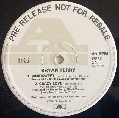 BRYAN FERRY Windswept Vinyl Record Single 12 Inch Polydor 1985 Promo Roxy Music