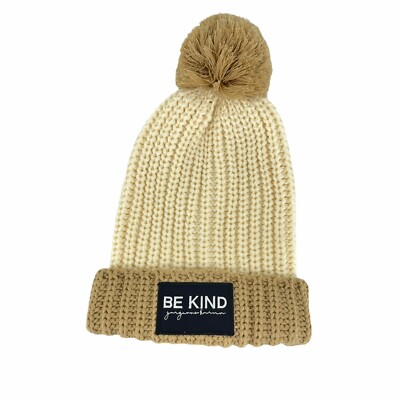 Be Kind Beanie Women's Sz OS Pom Pom Bobble Hat Toque Ribbed Knit Cream  Brown