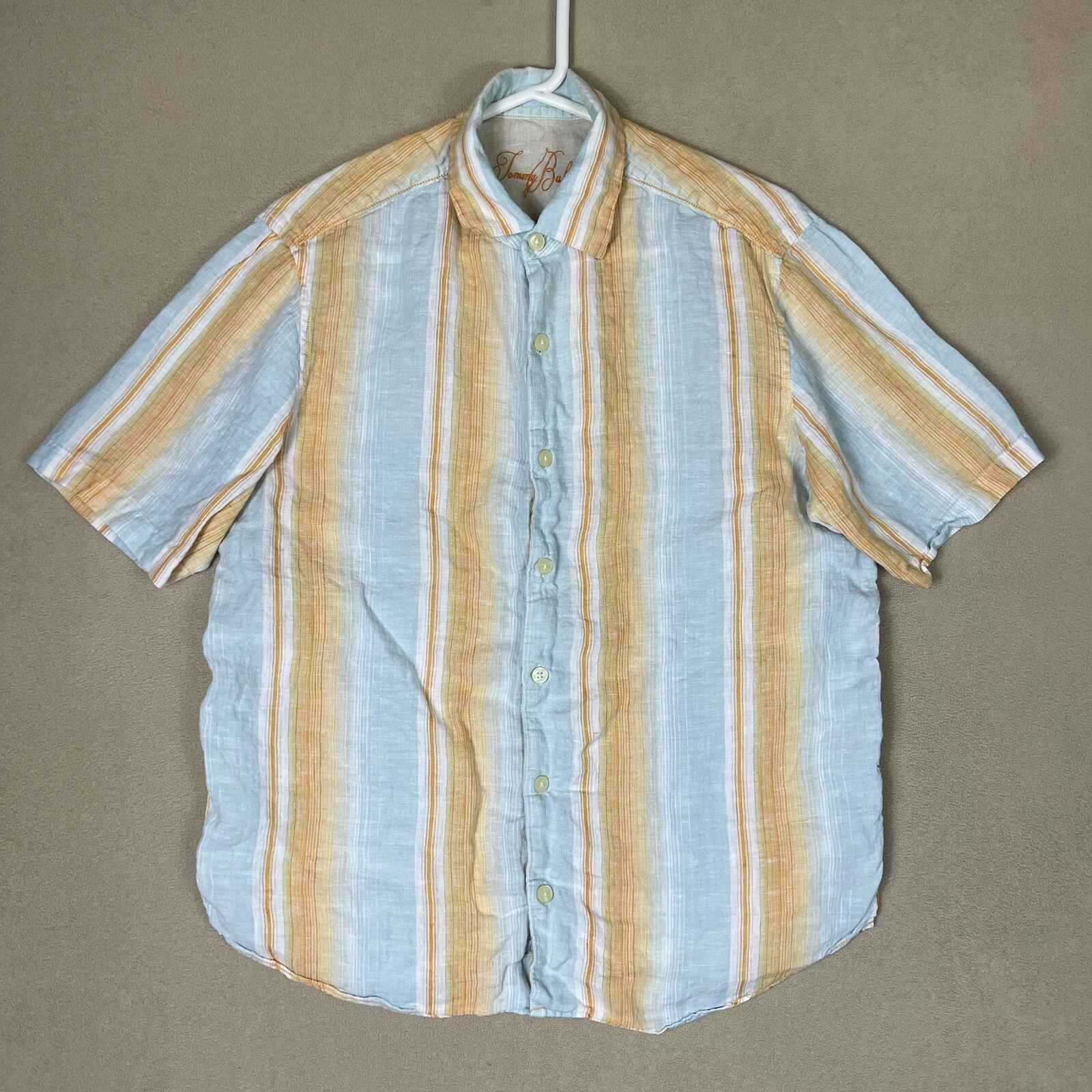 Tommy Bahama Shirt Men Medium Multicolor Linen Beach Hawaiian Short Sleeve Adult