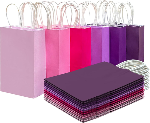 30PCS Small Gift Bags 8.3"X6"X3" Pink & Purple Bulk with Handles