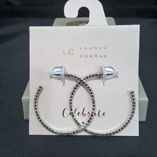 LC Lauren Conrad Trendy Silver Plated Rhinestone Hoop Earrings NWT
