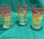 Set of 3 Vintage Federal Glass Juice Tumblers Red Yellow Green Flowers MCM