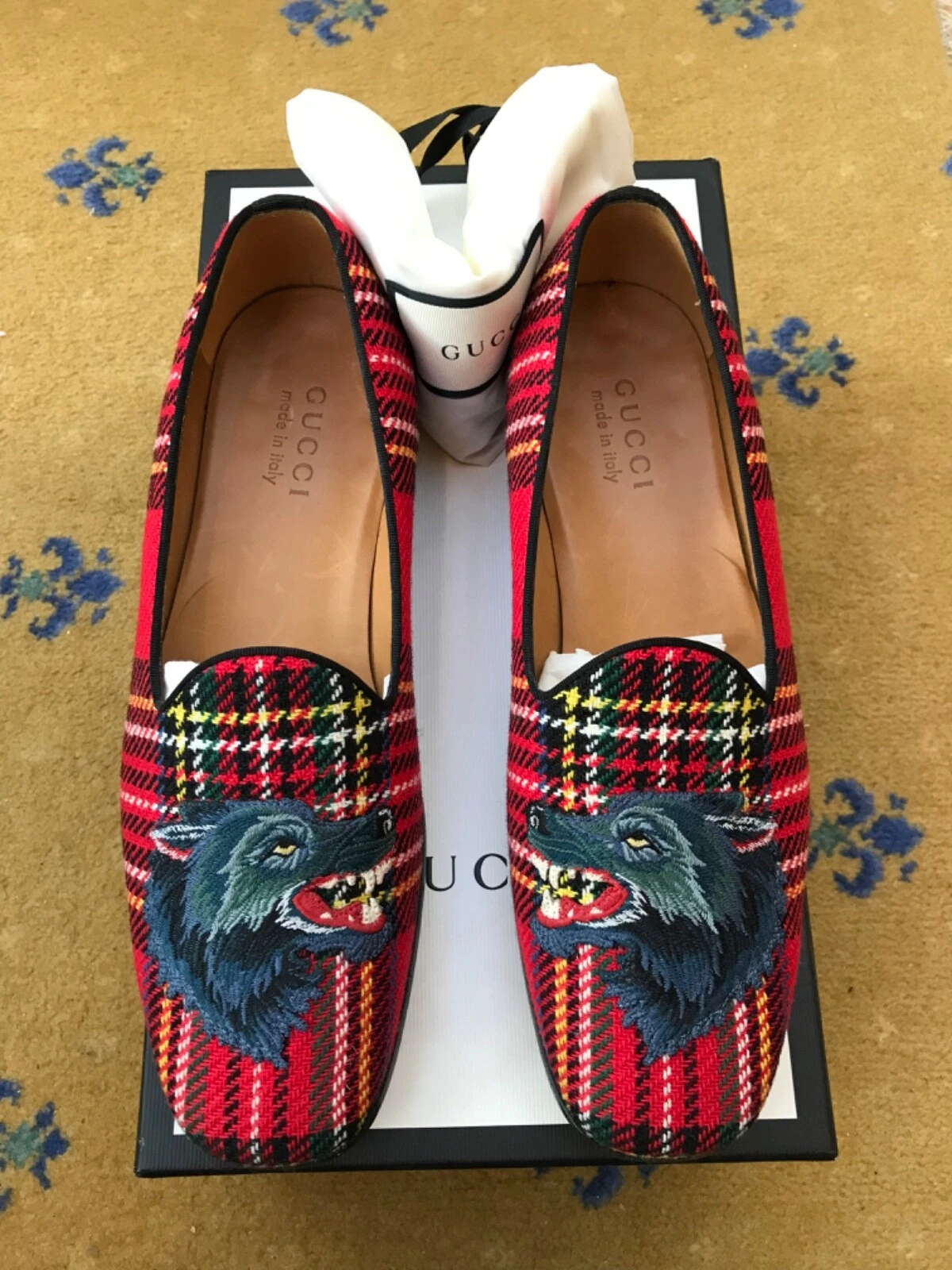 Mocassins Gucci chaussures tartan loup pantoufles rouge tweed homme US 7 UK 6,5 EU 40,5