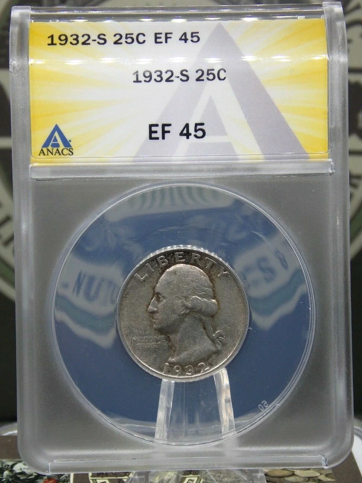 Cuarto de plata Washington 1932 "S" 25c ANACS EF45 #772 XF extra fino ECC&C, Inc. Foto 3 de 4