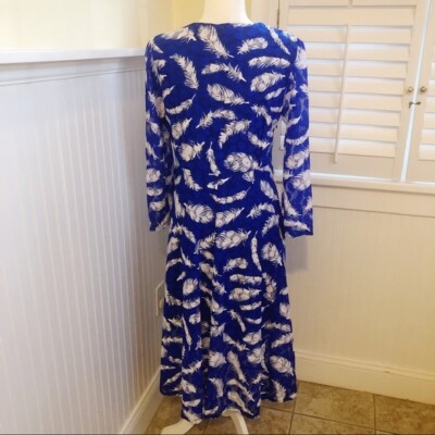 blue feather print dress Vicky & Lucas Navy & White Midi Women's Large NWT MATTERS Store Mare Sky