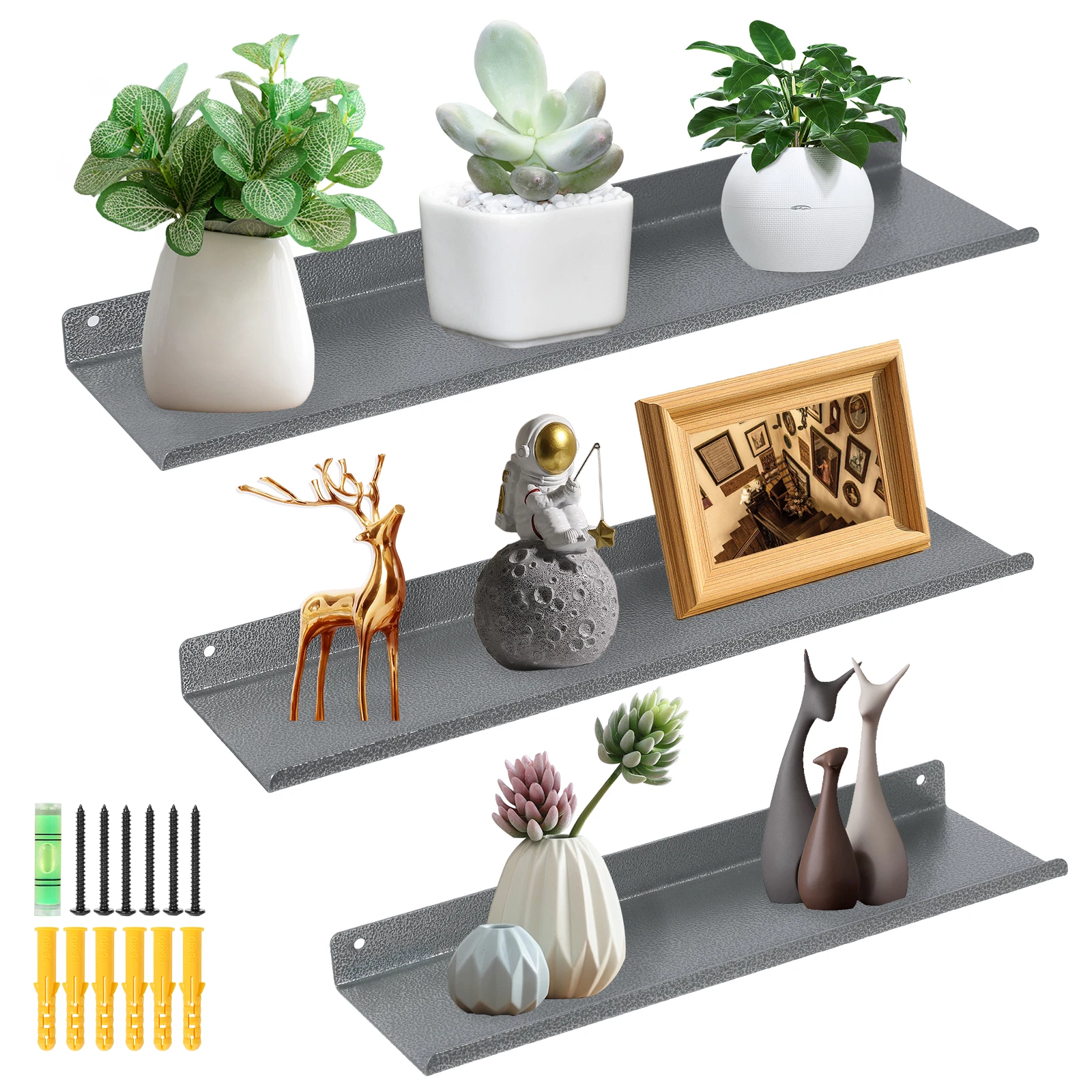 Uten 3PC Floating Shelves,Grey Wall Shelves, Display Shelves for Home Wall Decor