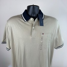 Tommy Hilfiger Men's Large Tan SS Pocket Polo Shirt Navy Collar XM03529-250 New
