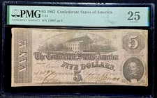 T-53 $5 1862 Confederate States Banknote Civil War Confederacy Money, PMG VF 25