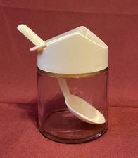 Vintage Gemco Sugar Bowl/Dispenser Clear Glass w/ Ivory Flip Top Lid &  Spoon