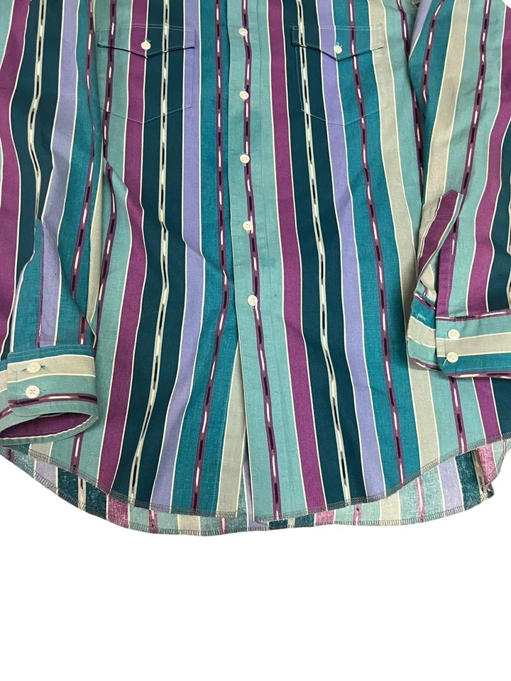 Vintage 90s Wrangler Western Shirt Men Cowboy Cut Xlong Tails Brushpopper 17x35 - Image 3 of 4