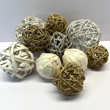Decorative Bowl Vase Filler 11 Pcs Natural & White Wicker Rattan Balls Variety