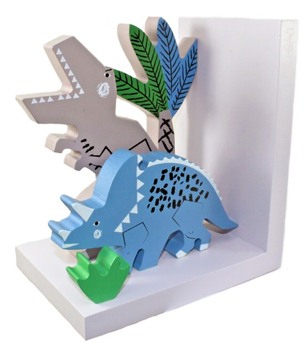 Wooden DINOSAUR BOOKEND Novelty JURRASIC Book Stand Set Hand-Painted GREY Multi - Picture 2 of 11