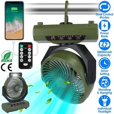 Oscillating Camping Fan Office Rechargeable Fan w/ Flashlight +Remote