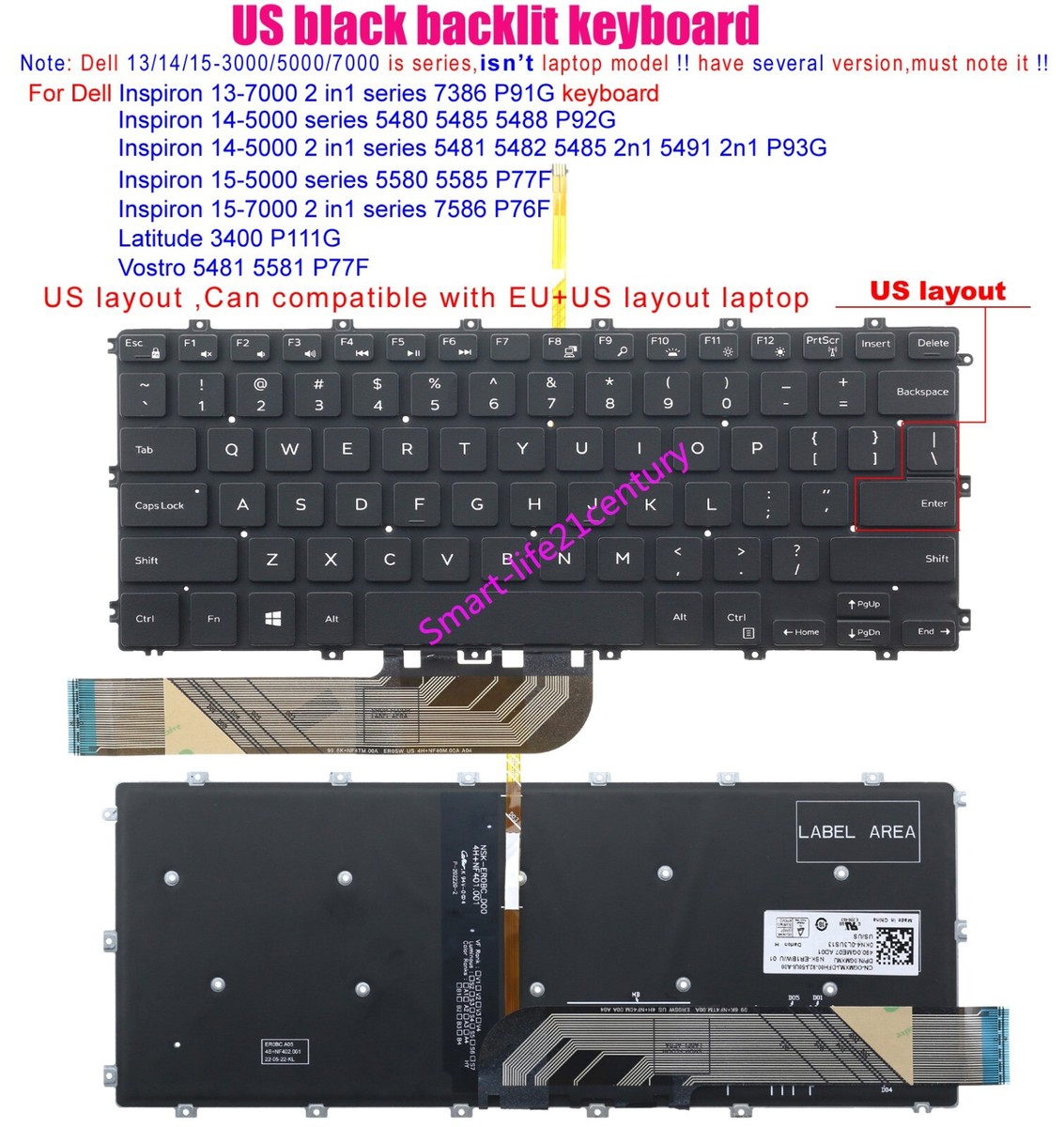 US Backlit Keyboard for Dell P92G P93G Latitude 3400 P111G Vostro
