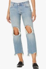 Free People Jeans Blue Maggie Distressed Raw Hem Mid Rise Straight Leg Size 29