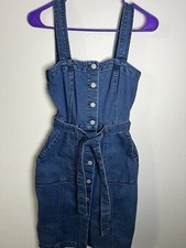 Gap Denim Overall Jumper Dress Women's XS Full Button Belted Pockets Straps Knee