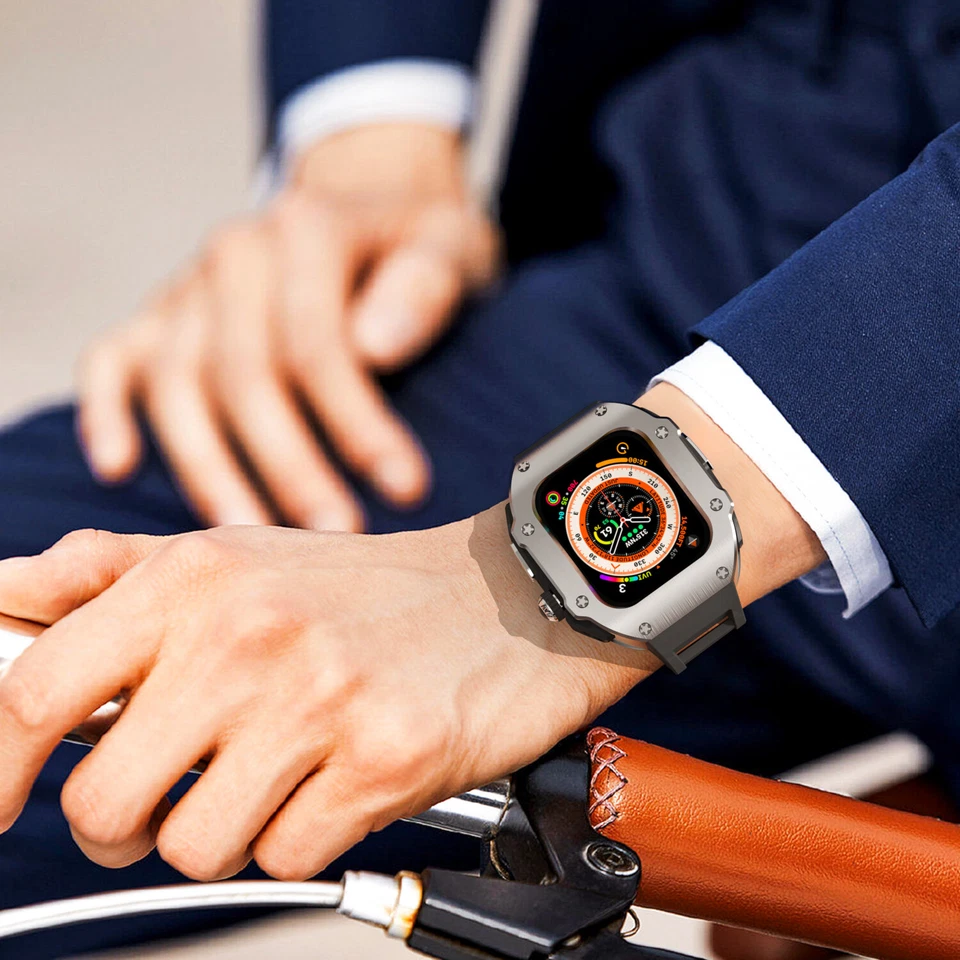 Kit de caja de acero inoxidable mod para Apple Watch Ultra3 49 mm 9 8 7 6 5 4 banda de goma Foto 4 de 4