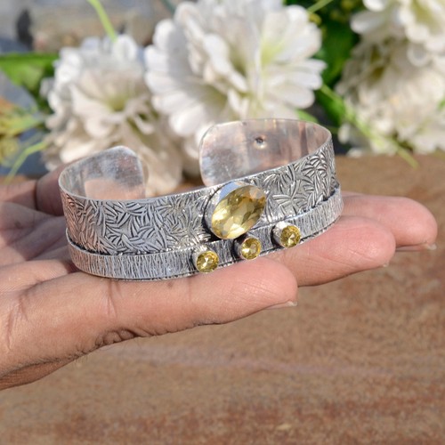 Citrine Topaz Multi Gemstone Bangle 925 Sterling Silver Bracelet For Life Line - Picture 6 of 9