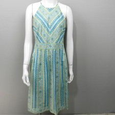 Ann Taylor Halter Midi Dress Sz 8 Petite Blue Green Paisley Floral Stripe Retro