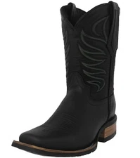 Mens Western Dress Cowboy Wear Leather Boots Black Embroidery Square Rubber Sole