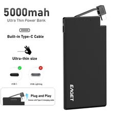EAGET Portable Charger Built in USB Cables 5000mAh Slim Fast Charging Power Bank