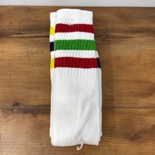 3 Pair Vintage 1970's Men White Red Blue Yellow Striped Athletic Tube Socks NOS