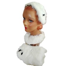 1960s Girl's Real Rabbit Fur Muff, Collar & Hat Set With Ermine Tails and More