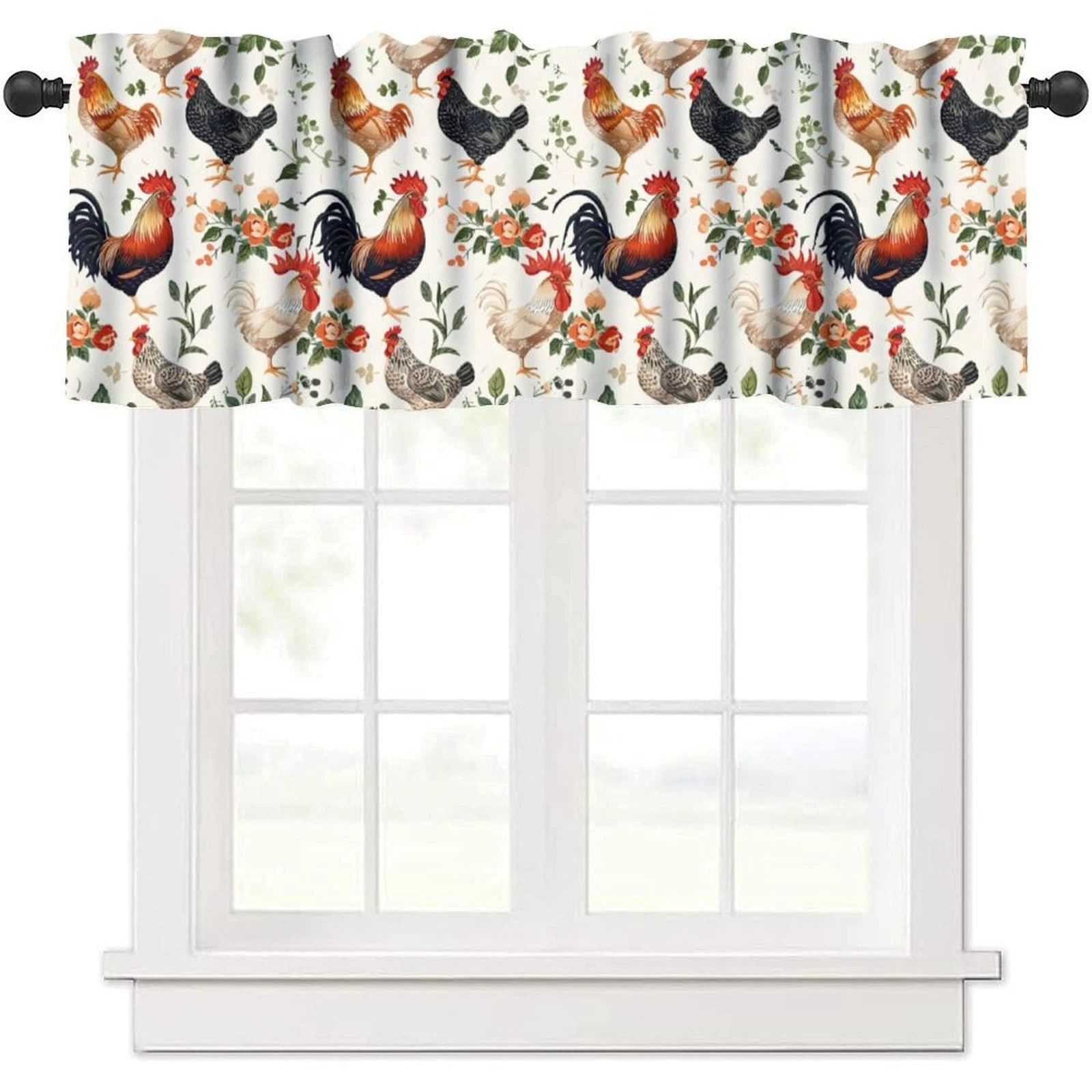 Rustic Rooster Kitchen Curtain Valance,Farmhouse Country Rural Floral Window ...