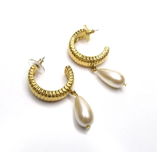 Vintage Gold Tone Pearl Hoop Earrings Drops Costume Jewelry