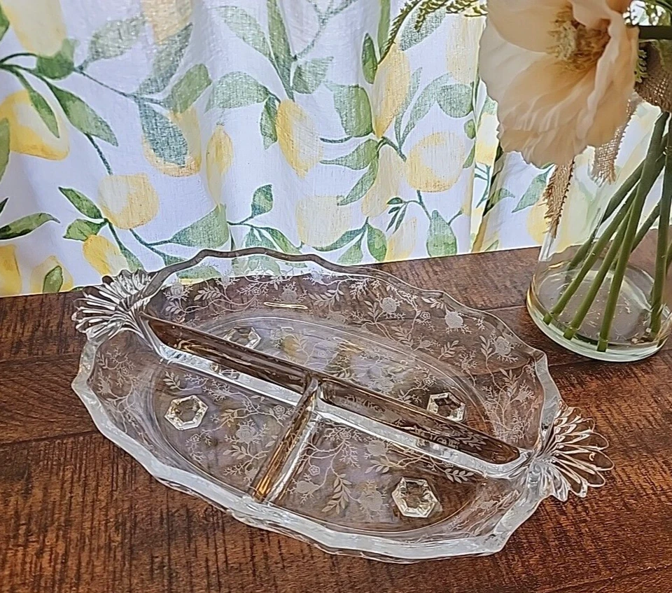 Fostoria Navarre Clear 12" - 3 Part Divided Elegant Relish Dish Baroque - Image 2 of 4