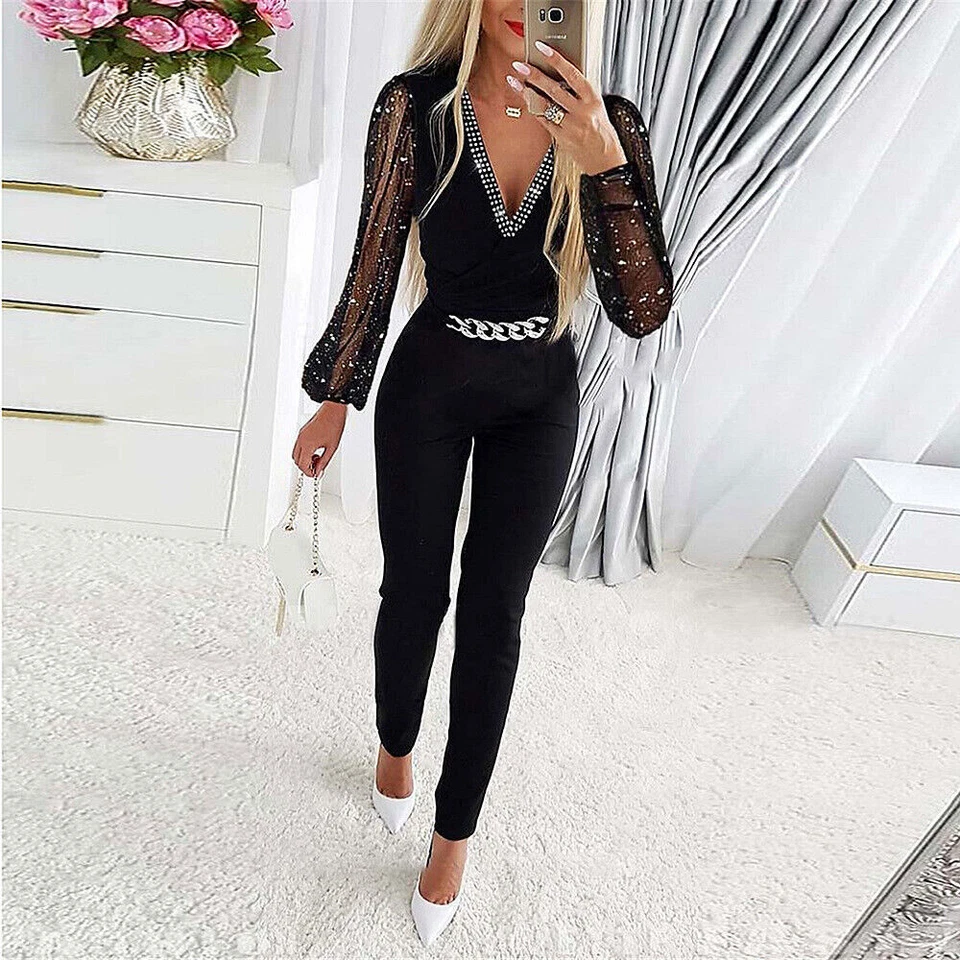 Sexy Damen Strass Overall V-Neck Jumpsuit Hosenanzug Einteiler Romper Clubwear - Bild 4 von 4