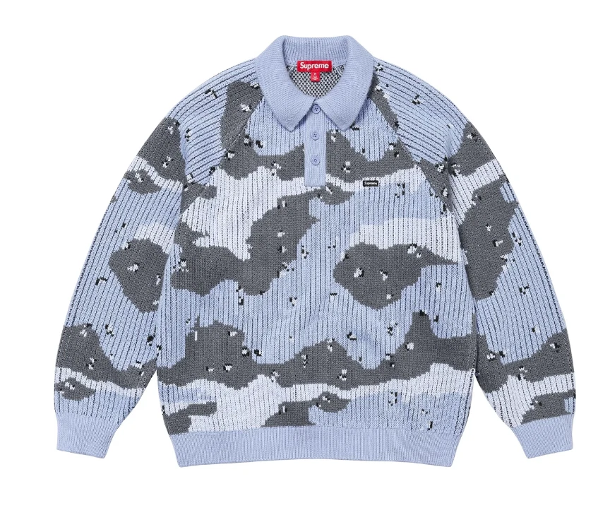 Suéter polo Raglan Supreme com nervuras caixa pequena tamanho XL azul camuflado FW24 novo em folha - Imagem 2 de 4