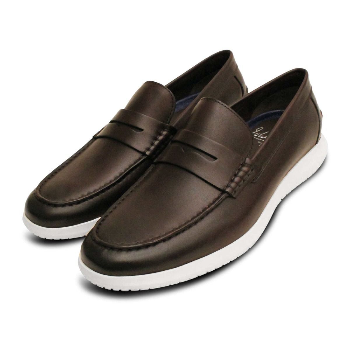 John White Brown Leather Penny Loafers With White Sole