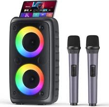 Karaoke Machine, Portable Bluetooth Speaker with 2 Wireless Karaoke Microphones,