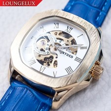 40mm Automatic Retro Skeleton Mechanical Watch Gold White Dial Blue Leather
