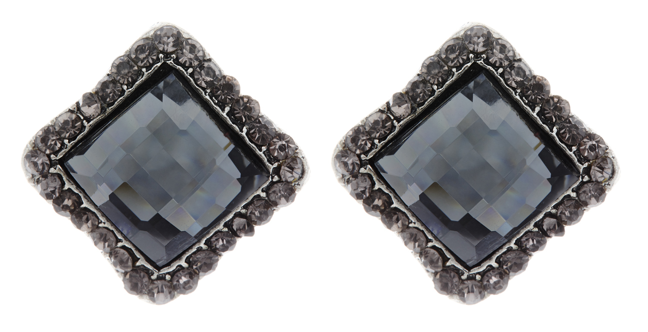 Clip On Stud Earrings - antique silver with a square stone and crystals - Hera