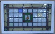 GEOMETRIC HAND PAINTED ENGLISH LEADED STAINED GLASS WINDOW TRANSOM 31 3/4" x 20"