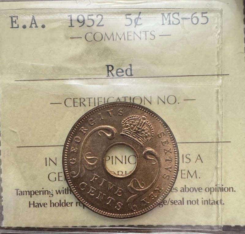 British East Africa 5 Cents 1952 ICCS MS 65 RD