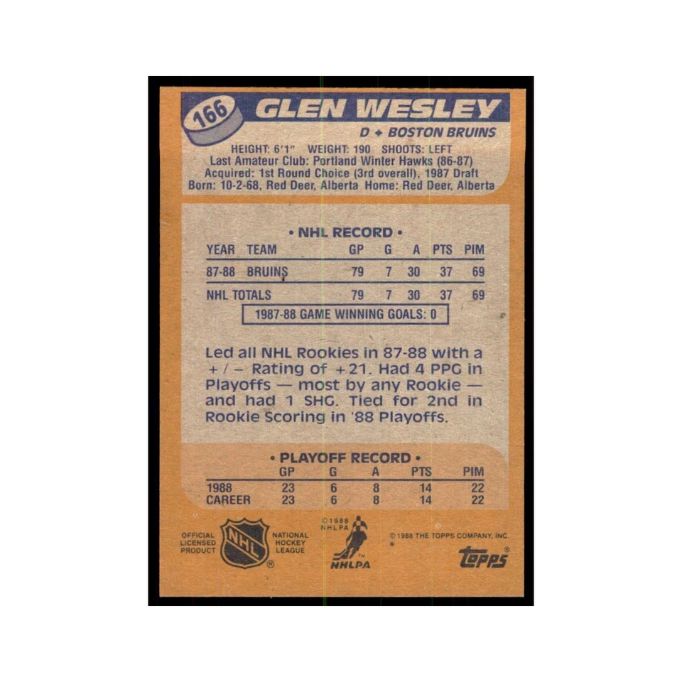 Glen Wesley Rookie 1988 Topps #166 Boston Bruins Hockey Card NM - Image 2 of 3