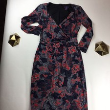 NYDJ faux wrap dress V neck navy blue red paisley sz 2