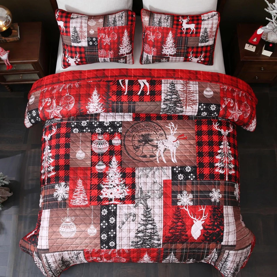 Juego de cama de 3 piezas edredones navideños tamaño queen retro retazos edredón con 2 pastillas Foto 3 de 4