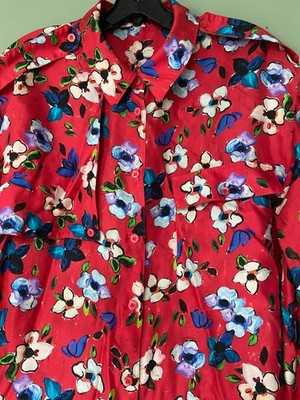 ESCADA SILK LONG BLOUSE IN RED MULTI-COLOR FLORAL PRINT 44 RUNS 14-16