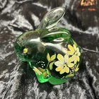 Fenton Green Glass Bunny Rabbit Hand Painted Flowers Signed S. Hopkins